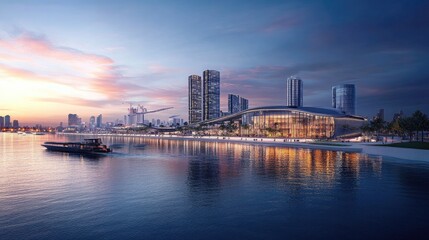 Fototapeta premium Urban waterfront skyline featuring modern architecture at sunset with serene water reflections and vibrant city lights