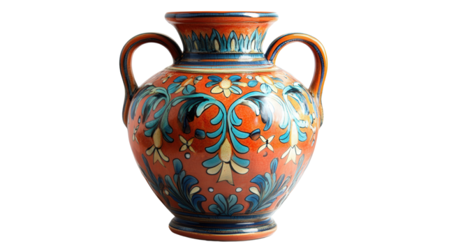 Decorative Italian Majolica vase with bright glazes, Transparent background, PNG file