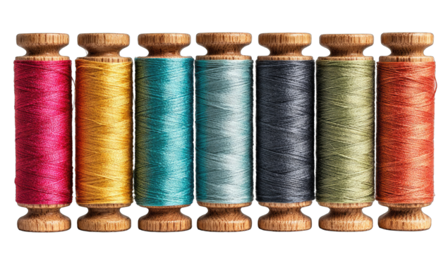 Spools of colorful thread on wooden bobbins