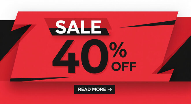 Red and black geometric banner announcing a 40% off sale, featuring sharp angles and a "Read More" call to action, ideal for advertising promotions and discounts