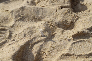 A discarded cigarette butt plugged in the sand, symbolizing beach pollution and environmental neglect. A close-up shot highlighting the problem of littering on coastal areas.