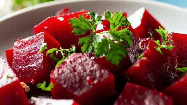 Bright red beet salad with parsley garnish close-up, featuring cubed root vegetables in a light bowl, side dish option, healthy eating