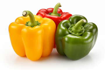 Fresh and bright bell peppers, yellow, red and green on a white background.