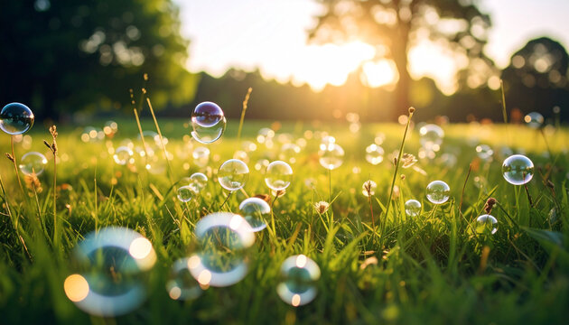 Vibrant rainbow-hued easter eggs nestled in grass reflect the blue sky and playful soap bubbles, creating a fun, abstract miniature world under the sun