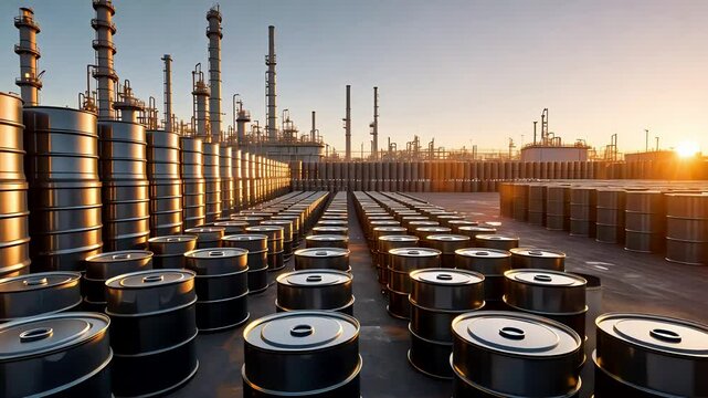 Rows of black oil barrels at refinery site with metal towers and industrial factory infrastructure at sunrise