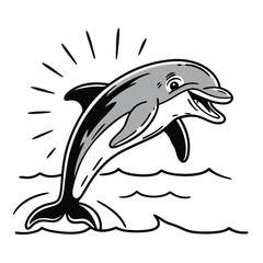 Obraz premium Happy playful cartoon dolphin jumping out of water with joyous facial expression