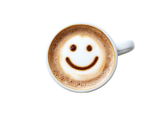 A cup of coffee with latte art in the shape of a smiley face, top view isolated on a white background, detailed illustration,