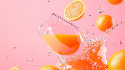 3D vibrant splash of fresh orange juice in a glass with citrus slices, vibrant bubbles, refreshing drink, tropical fruit splash, juicy liquid motion, bright pink background, energetic lively beverage
