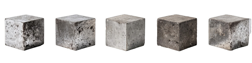 Five cubic blocks of varying shades of gray concrete