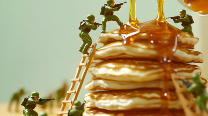 Miniature soldiers climbing pancake tower with syrup drizzle in playful scene