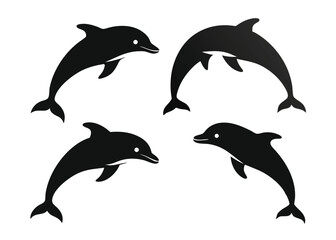 Fototapeta premium Silhouette illustrations of four playful dolphins jumping in the ocean against a white background.
