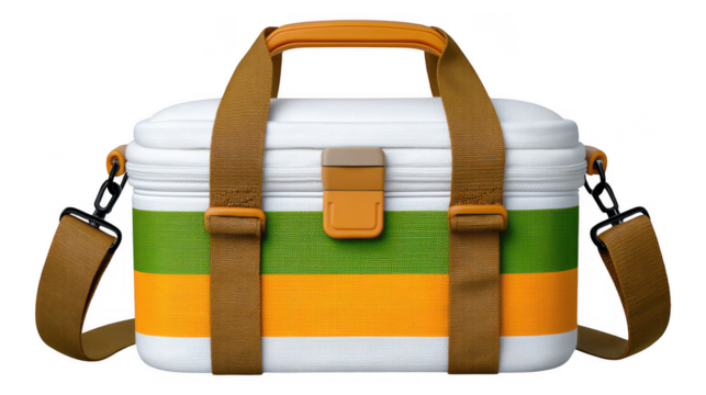 Striped fabric lunch bag with brown straps white green and orange color scheme isolated