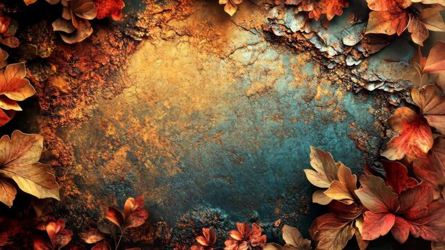 Autumnal leaves frame a textured, earthy background. Rich, warm tones and cool teal hues create a fall scene