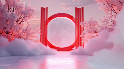 3D Beauty Surreal Landscape with Red Archway, Glowing Moon, and Pink Cherry Blossoms - Dreamy, Fantasy, Digital Art, Tranquil and Elegant Aesthetic with Clouds