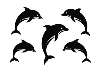Fototapeta premium Silhouetted dolphins in various poses against white background ideal for design and decoration