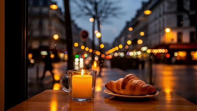 Candlelit Croissant Parisian Cafe Ambiance at Dusk with Bokeh Streetlights