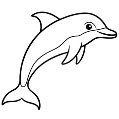 Smiling dolphin outline illustration in black and white for coloring and educational purposes