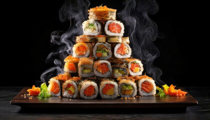 Luxurious sushi tower with vibrant colors and smoke effect, showcasing high end presentation and gourmet styling