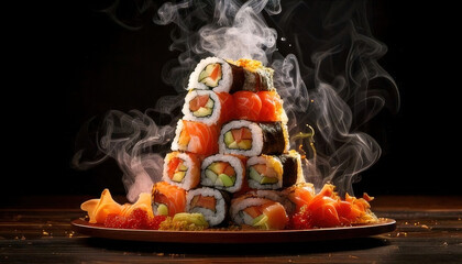 Luxurious sushi tower with smoke effect, showcasing vibrant colors and intricate presentation, perfect for high end dining experiences
