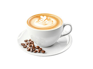 A cup of coffee with latte art, isolated on a white background. Photorealistic, stock photography. A white cup and saucer with a cappuccino or espresso drink,.