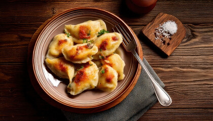 Homemade Polish pierogi served on rustic plate, topped with crispy onions, evoke warm and inviting atmosphere in cozy kitchen