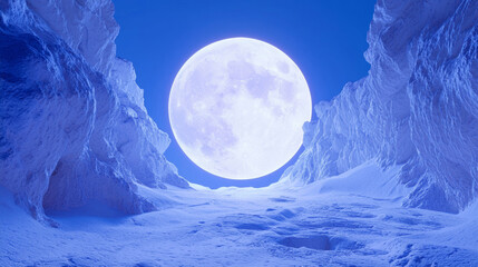 Surreal Icy Landscape with Full Moon and Snowy Terrain Dreamy, Glowing, Fantasy Digital Art, Serene Winter Night Sky