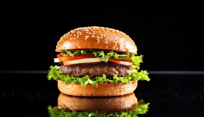 Delicious gourmet burger with sesame seed bun, fresh lettuce, tomato, and onion, presented on mirrored base for elegant look