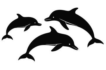 Fototapeta premium Three black dolphin silhouettes swimming on a white background in a simple illustration