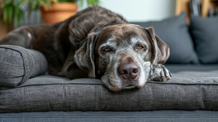 A senior dog enjoys resting on a large orthopedic dog bed designed with memory foam, highlighting comfort in the home environment