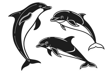 Obraz premium Three stylized jumping dolphins silhouettes on white background aquatic illustration