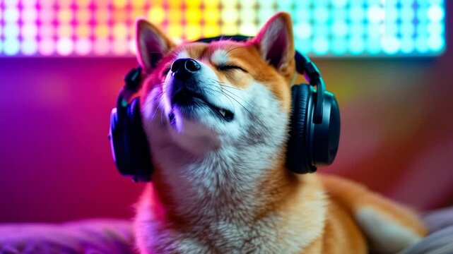A Shiba Inu dog wearing headphones and enjoying music.