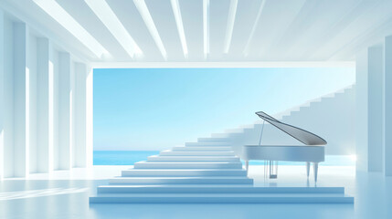 Minimalist White Interior with Grand Piano and Soft Lighting - Serene, Elegant, Digital Art, Clean Modern Architecture with Tranquil View