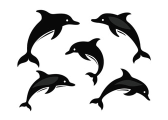 Fototapeta premium Vector illustration of five black dolphin silhouettes isolated against a white background