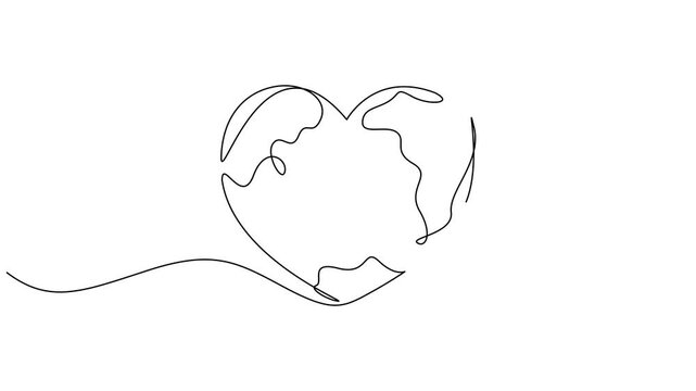 Earth globe in the heart shape continuous line drawing animation, Self drawing line animation heart and world continuous one single line drawn concept 4k video.