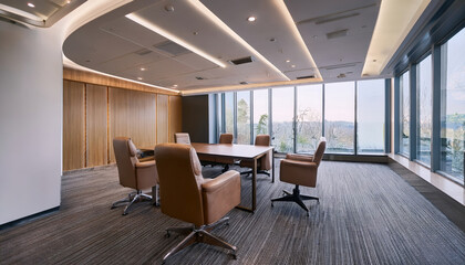 Fototapeta premium Modern conference room featuring large table surrounded by leather chairs, with large windows offering scenic view. neutral color palette creates
