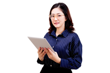 Asian confident young beautiful woman wearing glasses and a striped shirt holds a tablet, looking ahead with a slight smile.