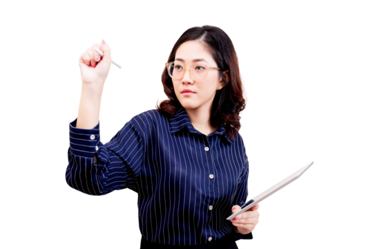 Asian young beautiful woman wearing glasses and a striped shirt holds a digital pen and tablet, appearing focused and engaged in writing or drawing. - Powered by Adobe
