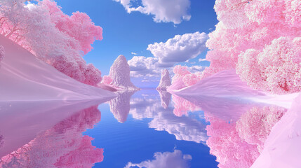 3D surreal landscape with vibrant pink trees and calm reflective water, ethereal dreamy sky with clouds, peaceful fantasy world, serene tranquil environment with magical pastel tones