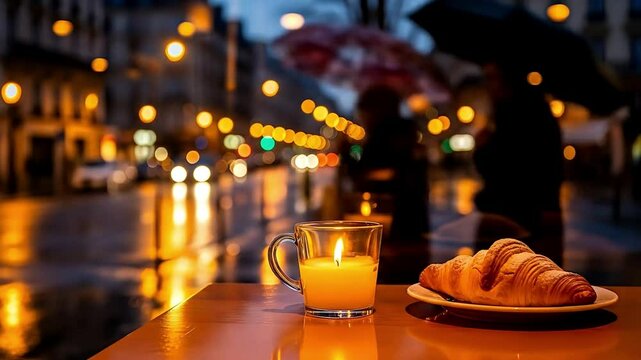 Candlelit Croissant Parisian Cafe Scene with Rainy Night Bokeh