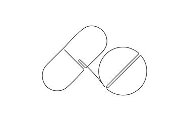 single continuous line capsule tablets line art vector illustration with, Hand holding tablet one line art style. Vector illustration on white background.
