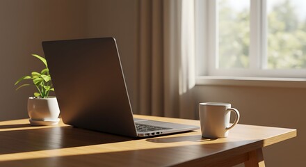 Laptop on Wooden Desk with Coffee and Potted Plant in Bright Room