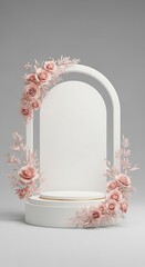Elegant floral display with white archway and pedestal for product presentation