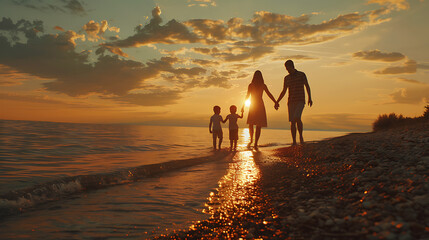 A family of four walks along a pebble beach at sunset, holding hands as they enjoy the golden light reflecting on the water and the beautiful cloudscape above them