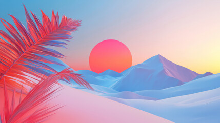 Surreal Digital Landscape with Pink Sunset, Snowy Mountains, and Tropical Elements Dreamy, Vibrant, Futuristic Aesthetic with Smooth Gradient Sky