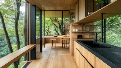 Modern, minimalist cabin with forest views