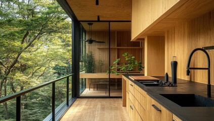 Modern Japanese-style kitchen with large windows offering forest views
