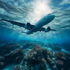 Fototapeta premium passenger_airplane_flying_underwater_crystal_clear_ocean_sunlight_refraction_coral_reefs_8k_national_geographic_style.png