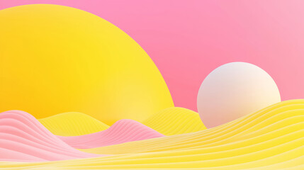 3D surreal landscape with vibrant yellow sun and white ball over smooth pink and yellow waves, minimalist clean design with soft lighting, playful abstract futuristic environment