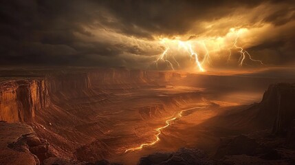 Dramatic canyon landscape illuminated by powerful lightning