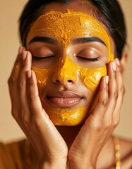 Woman applying turmeric face mask for skincare treatment beauty wellness spa